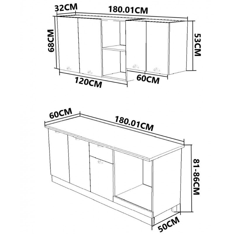 Mobilier Bucătărie MDF Set Square 180cm Alb Rustic