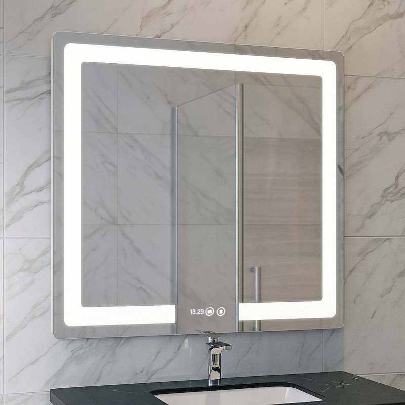 Oglindă cu iluminare LED, funcție dezaburire, ceas și termometru