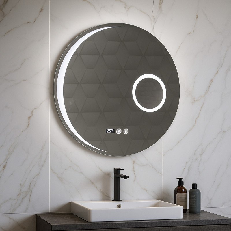 Oglindă cu iluminare LED, funcție dezaburire, ceas, termometru și lupă, MD5, D60cm