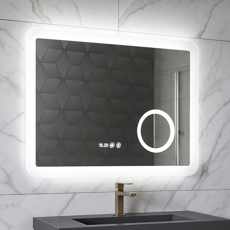Oglindă cu iluminare LED, funcție dezaburire, ceas, termometru și lupă,
