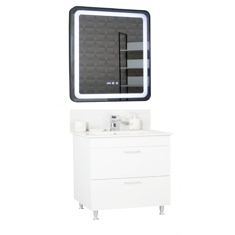 Set Bază cu Lavoar și Oglindă 70cm Alb cu Sertare